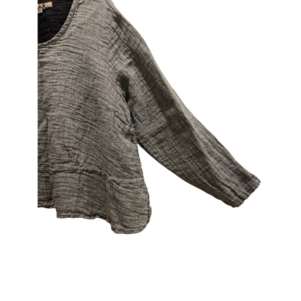 FLAX Grey Black 100% Linen Textured Lagenlook Boxy Long Sleeve Top Size 3G - Picture 2 of 6